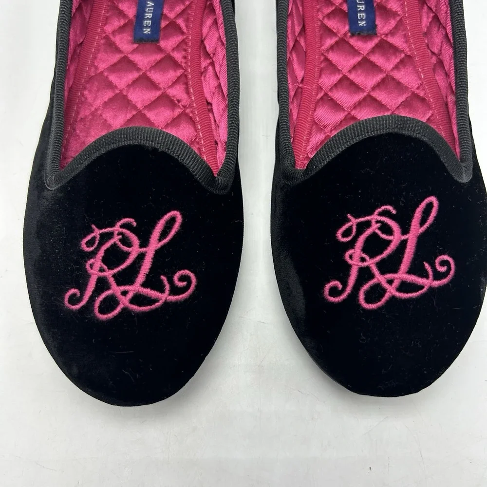 Lauren Ralph Flats Girls 3.5 Black Velvet Slippers Monogram Smoking Old Money